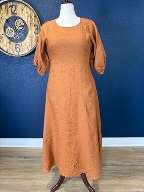 DISSH Azzura Spice Terracotta Linen Puff Sleeve Midi Dress | AU 14 US 10